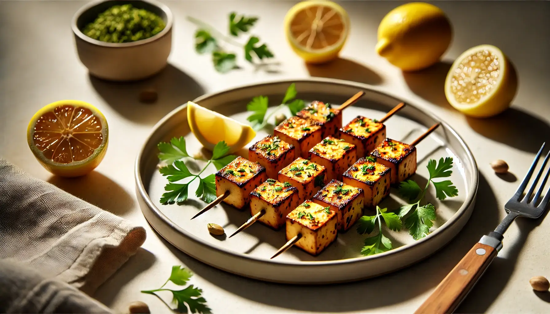 A close-up image of a plate of Paneer Tikka placed on a clean, minimalistic table. The dish is presented with skewers of golden-brown paneer cubes, garnished with fresh herbs and served with lemon wedges. Learn how to make paneer tikka at home with a simple marinade of yogurt, spices, and herbs, grilled to perfection for a smoky and flavorful appetizer