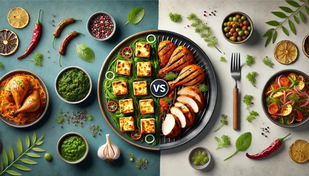 A visually appealing split-screen showing a beautifully plated paneer dish (e.g., Paneer Tikka or Palak Paneer) on one side and a lean chicken dish on the other comparing Paneer vs Chicken