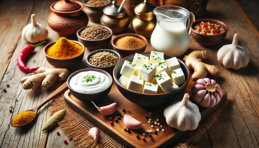 A close-up of paneer cubes in a bowl, surrounded by fresh ingredients like yogurt, garlic cloves, ginger slices, and various Indian spices for paneer flavor