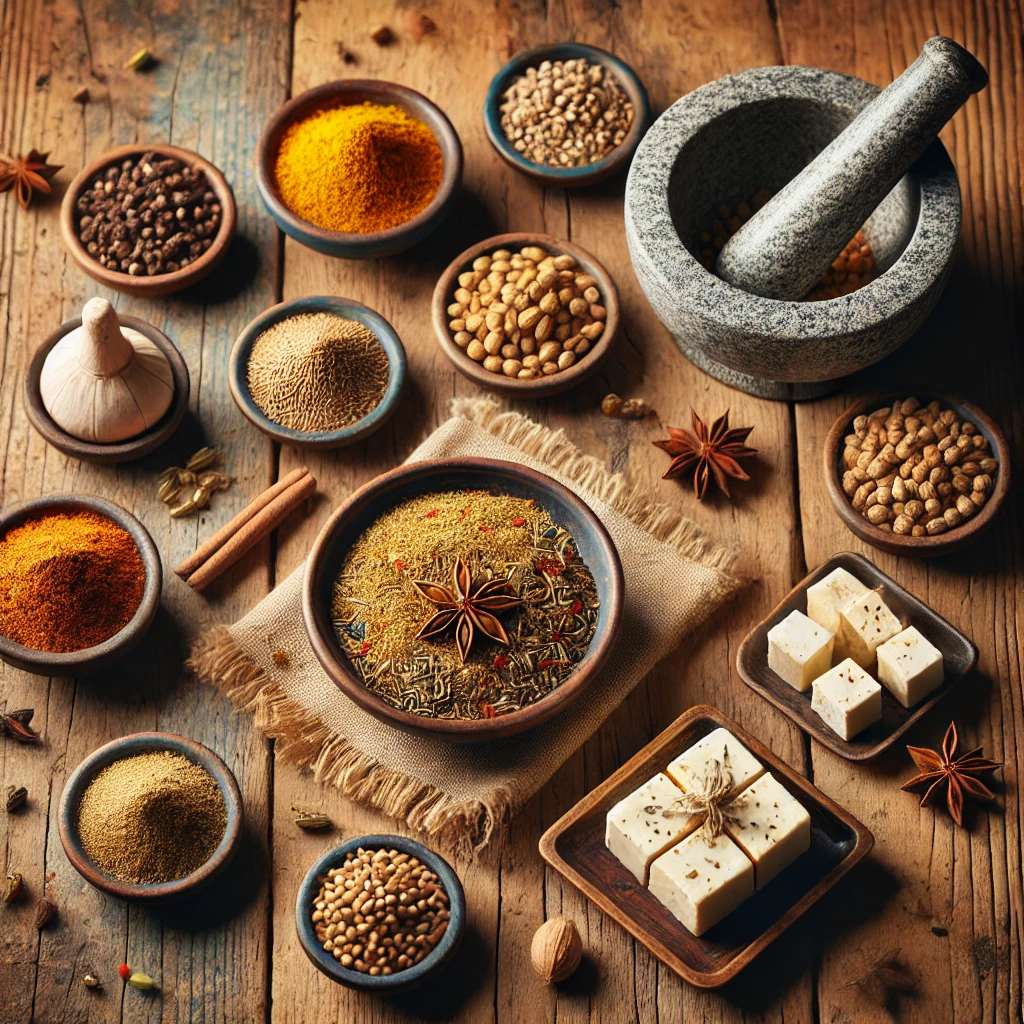  overhead shot of whole spices with a mortar and pestle in the background, along with spices being sprinkled over a freshly cooked paneer dish. Let me know if you need any adjustments for paneer flavor