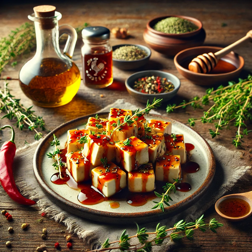  the image showcasing international flavors infused into paneer, featuring Sriracha-honey glaze and Mediterranean ingredients for paneer flavor