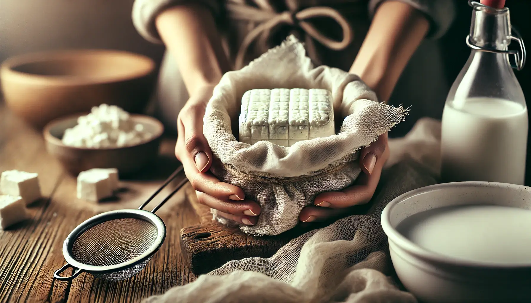 Hands holding freshly made quality paneer wrapped in cheesecloth, with water droplets on the surface, set in a rustic kitchen with fresh milk and a strainer nearby.