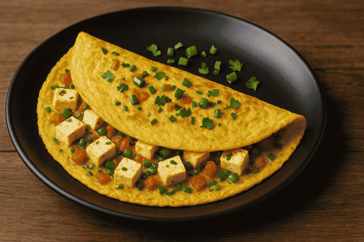 A golden-yellow paneer omelette folded neatly on a black plate, garnished with fresh chopped green onions and cilantro, with visible cubes of paneer, diced tomatoes, and green peppers inside, all placed on a wooden table background.