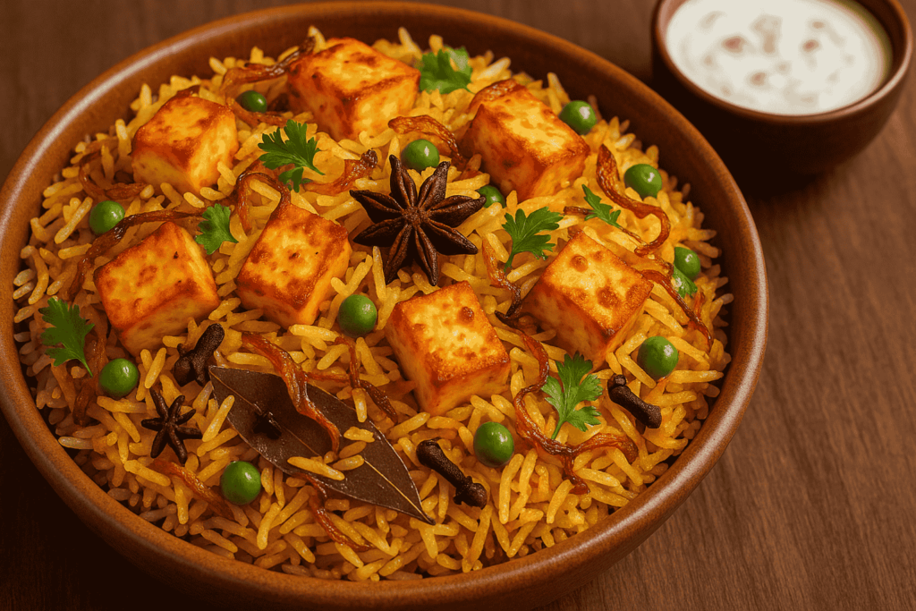 A close-up image of delicious paneer biryani served in a brown bowl, featuring golden basmati rice, spiced paneer cubes, green peas, caramelized onions, and whole spices like star anise and bay leaf, ideal for a blog about how to make paneer biryani.